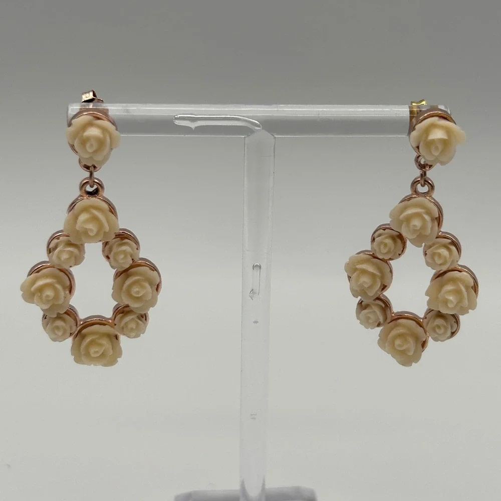 Rose Gold Tone Cream Carved Resin Floral Rose Quatrefoil Drop Earrings